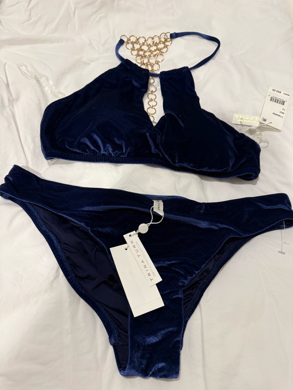 Trina Turk Navy Velvet Bikini Set with Gold Chain Detail